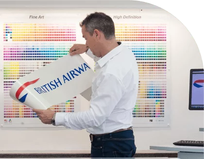British airways logo on a wall with labels.