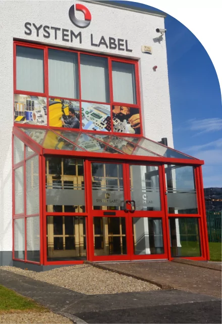 The entrance to a building with custom labels.